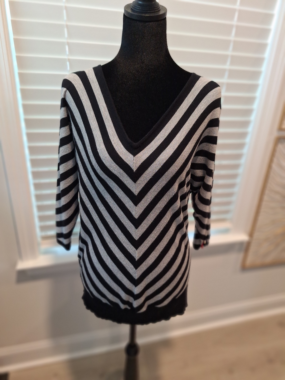 Premise Black and Gray Striped V-Neck Sweater